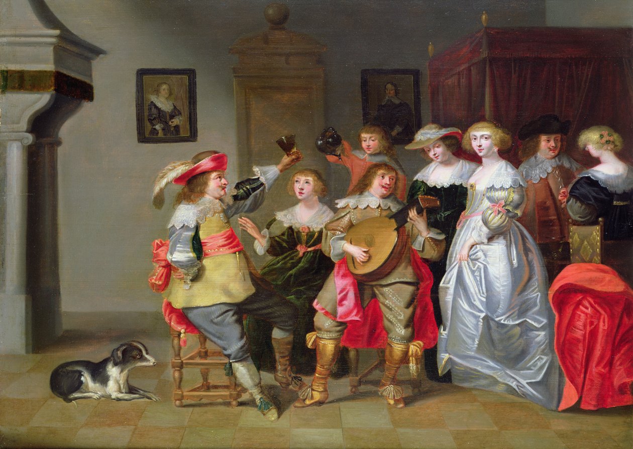 Uma empresa elegante feliz fazendo em um interior de Christoffel Jacobsz van der Lamen