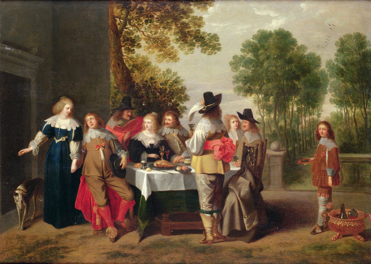 Empresa elegante sentada a uma mesa em um jardim formal (óleo em painel maruplado) de Christoffel Jacobsz van der Lamen