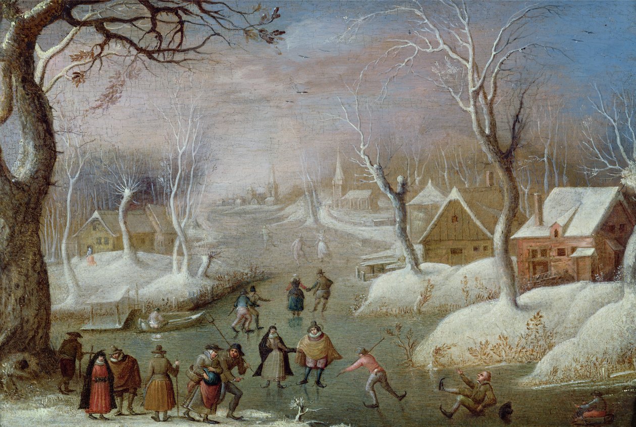 Paisagem de inverno com patinadores, do século XVII de Christoffel van den circle of Berghe