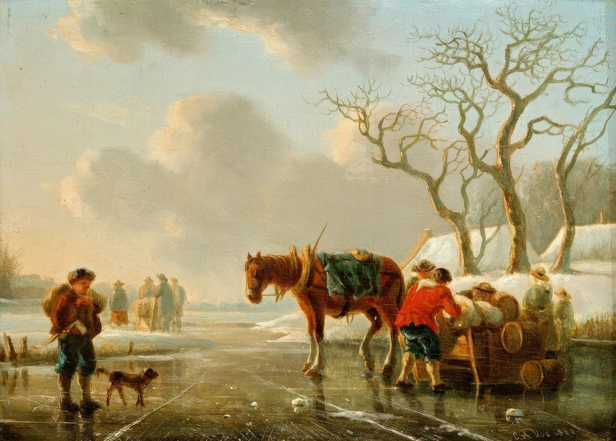 Noite de inverno no rio gelado de Christoffel Albertus Vos