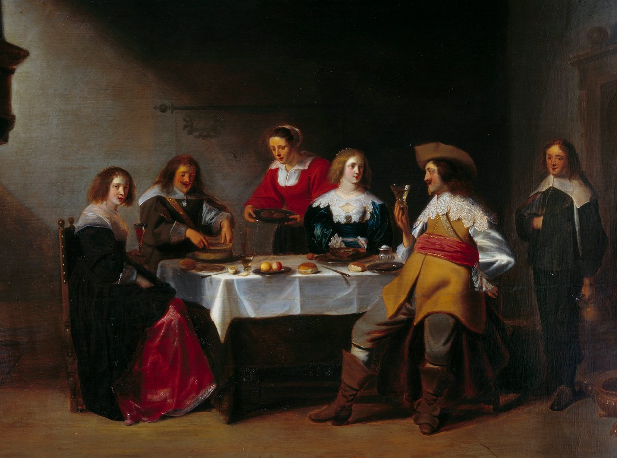 Detalhe da Pintura "Company meal" de Christophe Van Der Lamen (1606-1651) (ec.flam) Rouen do século XVII, Musee des Beaux Arts. de Christoffel Jacobsz van der Lamen