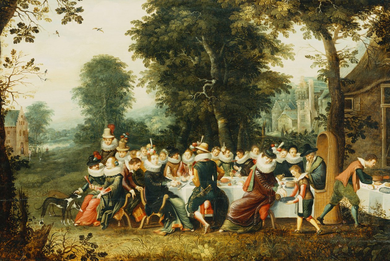 Figuras elegantes sentadas em uma mesa de banquete em uma clareira arborizada, de Christoffel Jacobsz van der Lamen