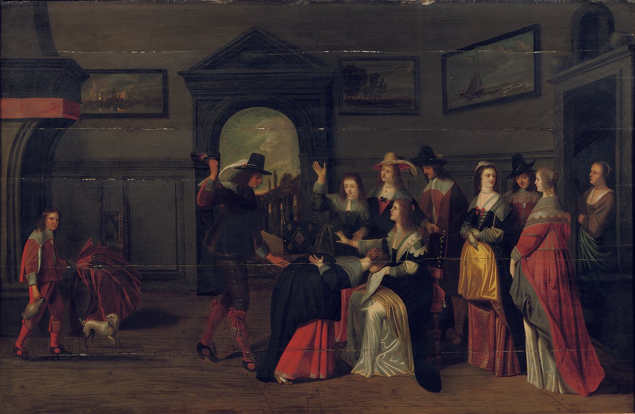 Empresa elegante jogando o jogo de La Main Chaude em um interior de Christoffel Jacobsz van der Lamen