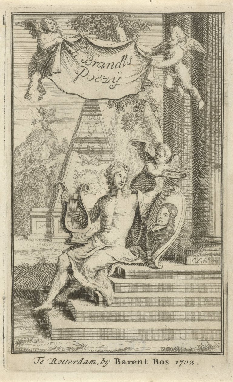 Apollo com retrato de Caspar Brandt
Página de título para: K. Brandt, Poesia, 1705 de Christoffel Lubienitzki