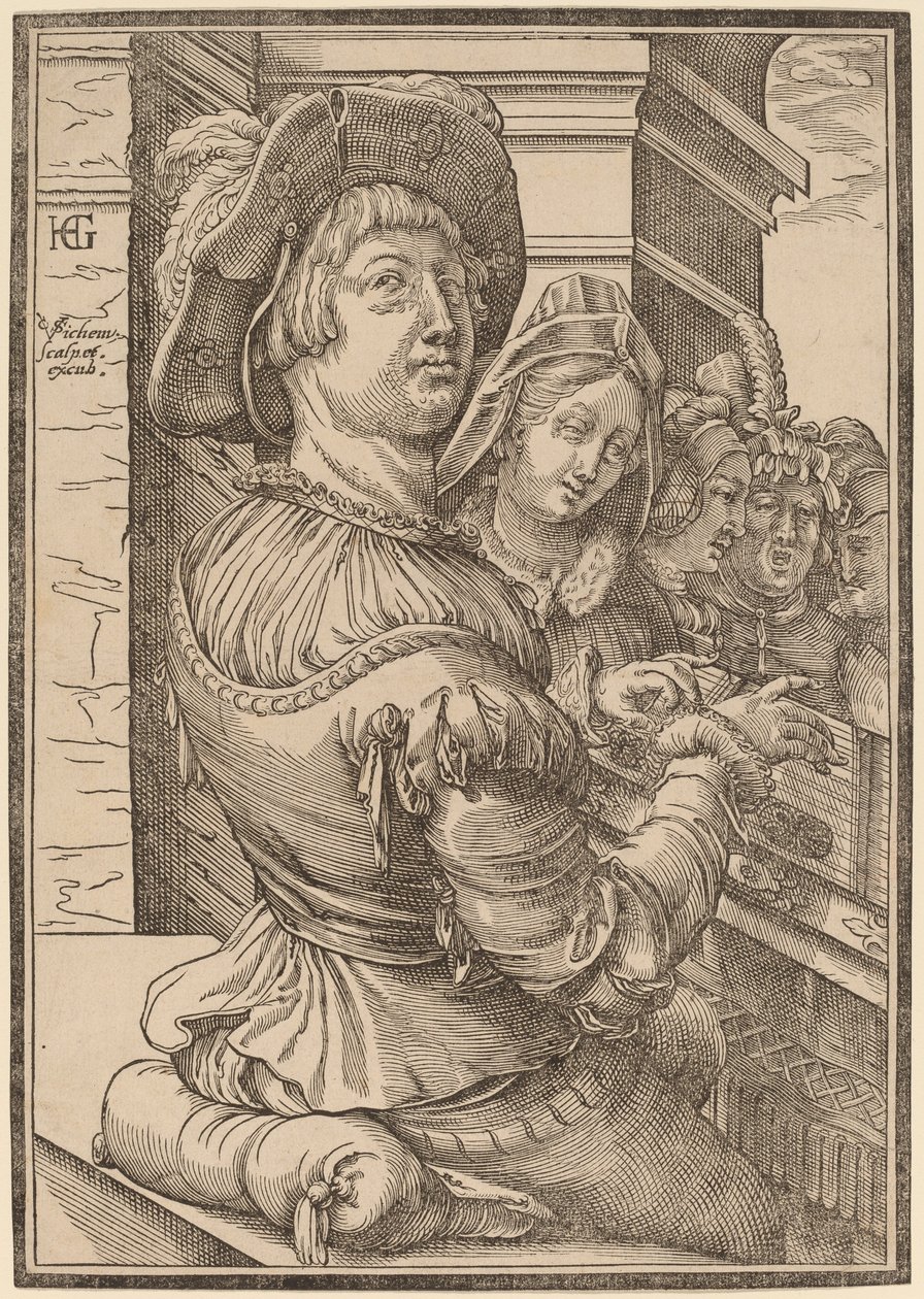 Um jovem tocando um saltério de Christoffel van Sichem I after Hendrik Goltzius