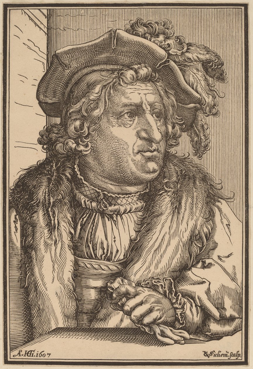 Homem com um boné emplumado de Christoffel van Sichem I after Hendrik Goltzius