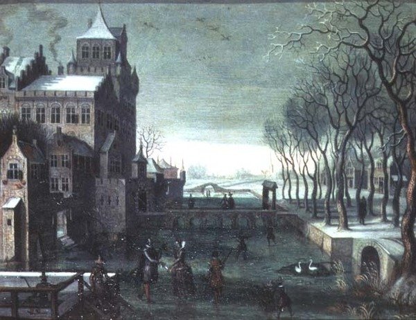 Uma Paisagem de Inverno com Patinagem de Figuras por um Castelo de Moated de Christoffel van den (circle of) Berghe