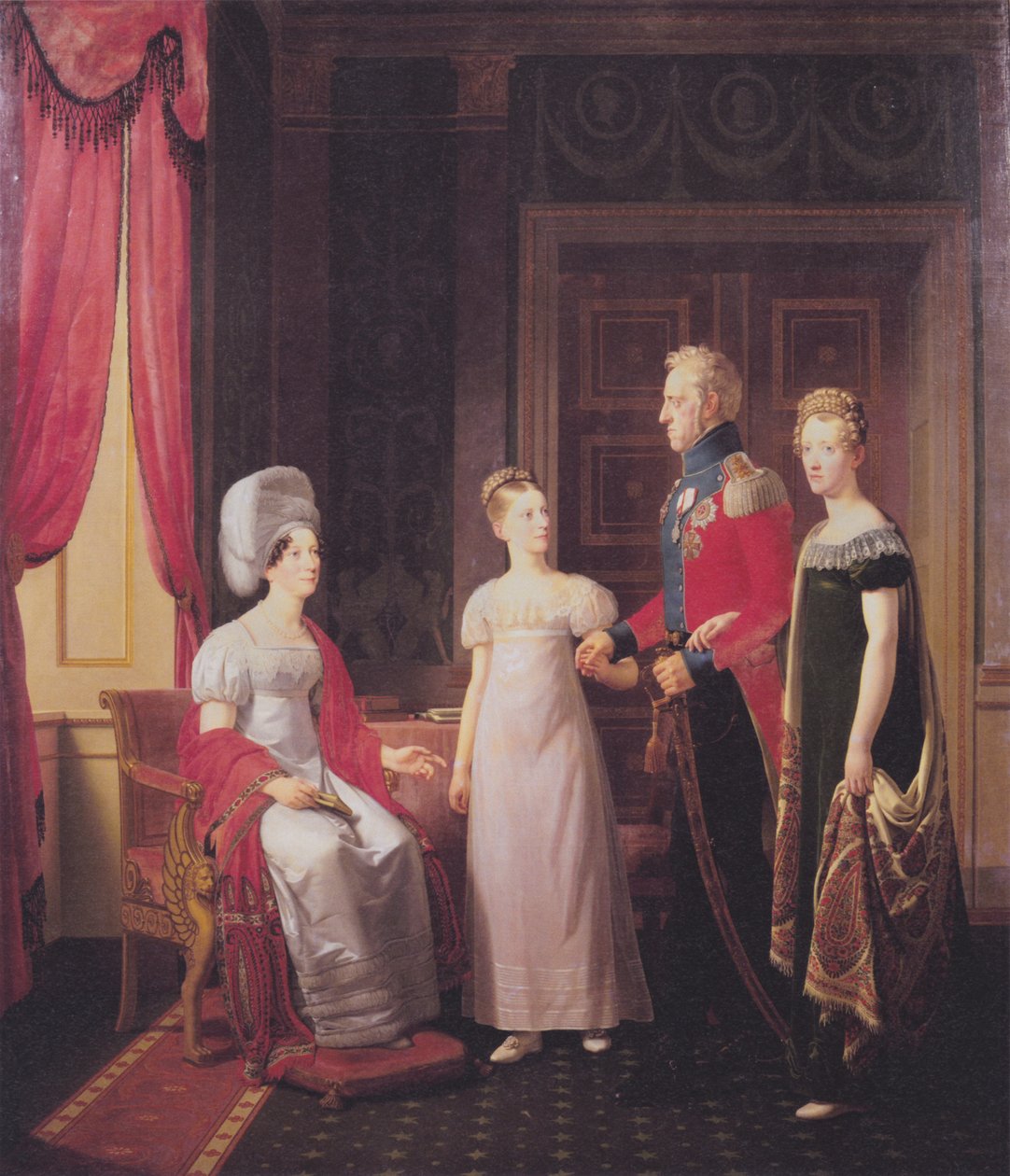 Frederik VI e a rainha Marie com as princesas Caroline e Vilhelmine de Christoffer Wilhelm Eckersberg