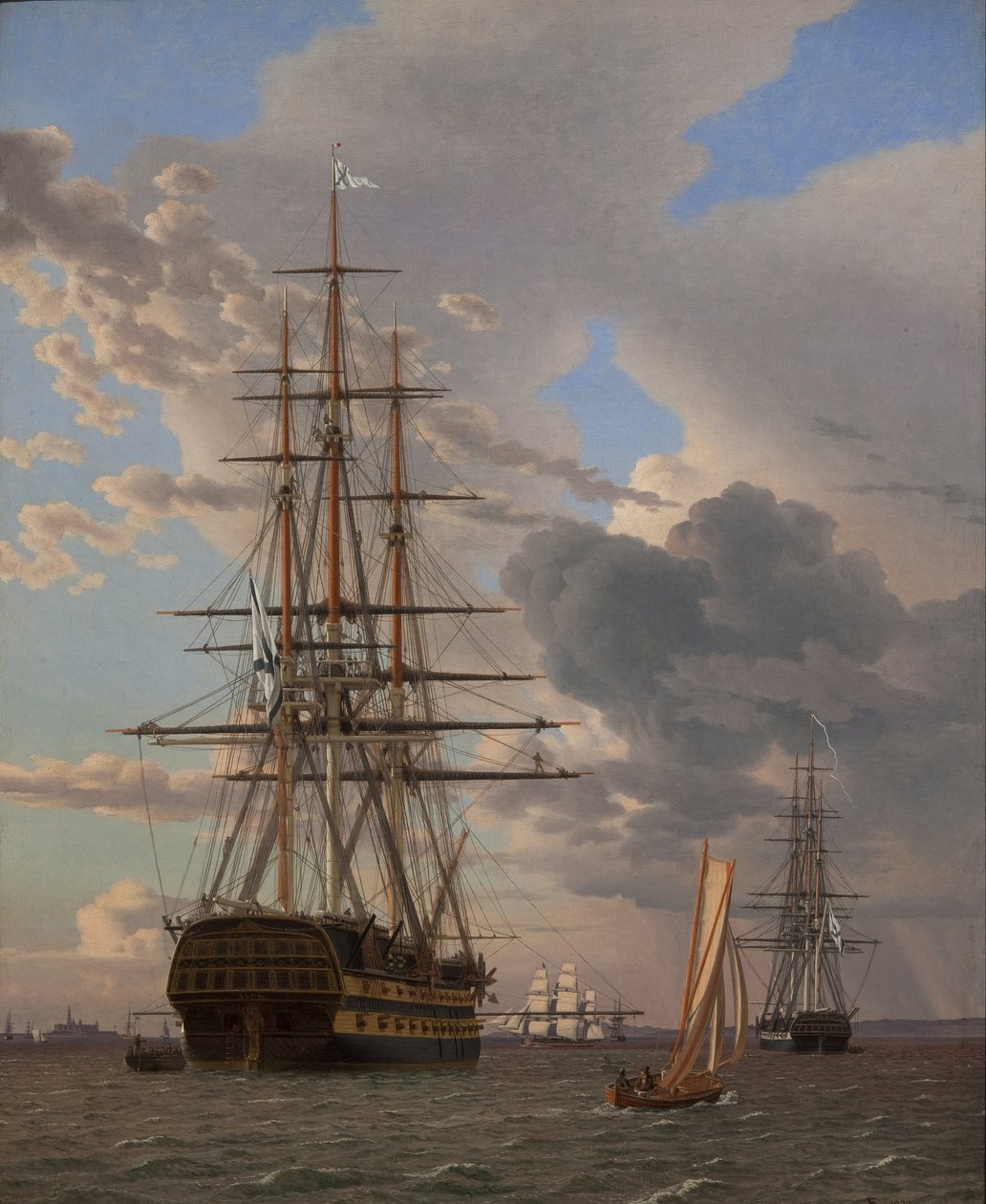 A nave russa da linha Asow e uma fragata ancorada nas estradas de Elsinore de Christoffer Wilhelm Eckersberg