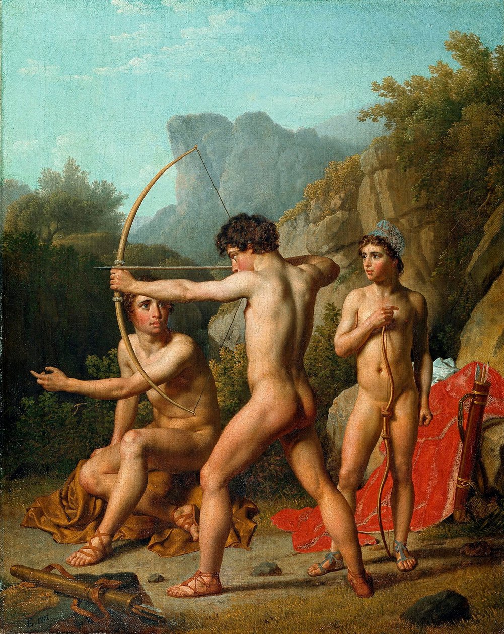 Três meninos espartanos praticando tiro com arco de Christoffer Wilhelm Eckersberg