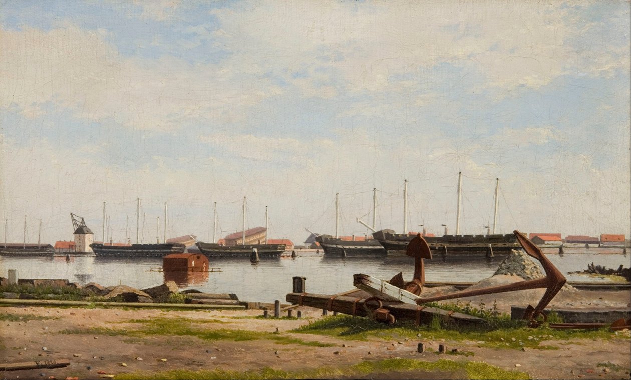 Vista, de, a, cais, em, nyholm, com, a, guindaste, e, algum, navios guerra de Christoffer Wilhelm Eckersberg