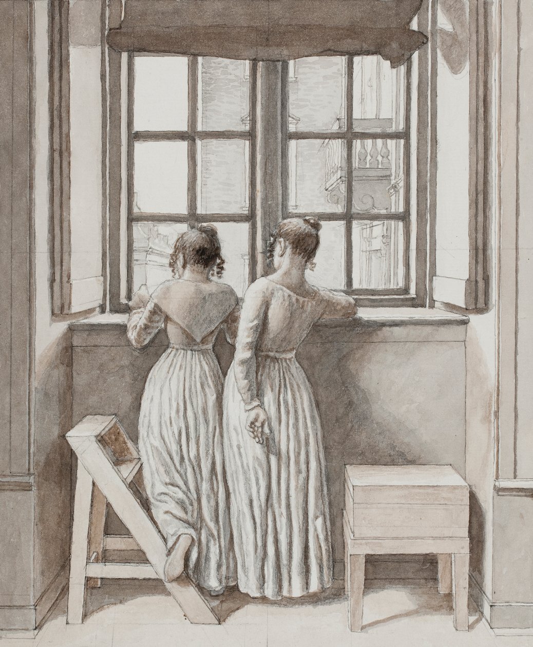Em uma janela no estúdio do artista, 1852 (caneta, tinta cinza e marrom lave o lápis emoldurado em aquarela azul claro) de Christoffer Wilhelm Eckersberg