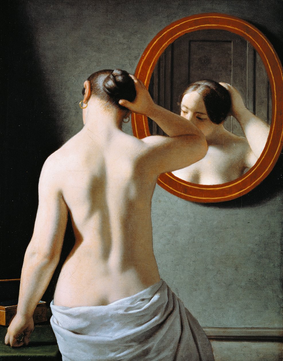 Uma Mulher Nua a fazer o seu cabelo em frente a um espelho de Christoffer Wilhelm Eckersberg