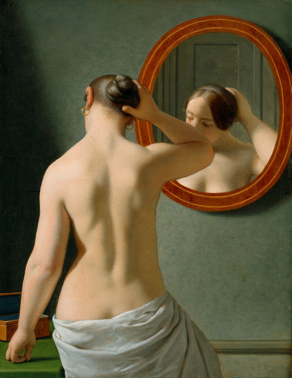 Uma mulher nua a pentear-se diante de um espelho de Christoffer Wilhelm Eckersberg
