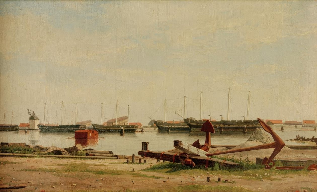 Vista de Nyholm com guindaste e navios de guerra de Christoffer Wilhelm Eckersberg