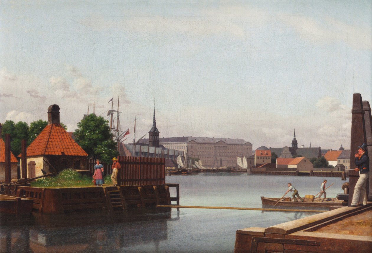 A Bolsa, a igreja de Christiansborg e Holmen, vista do site da Companhia Asiática. de Christoffer Wilhelm Eckersberg