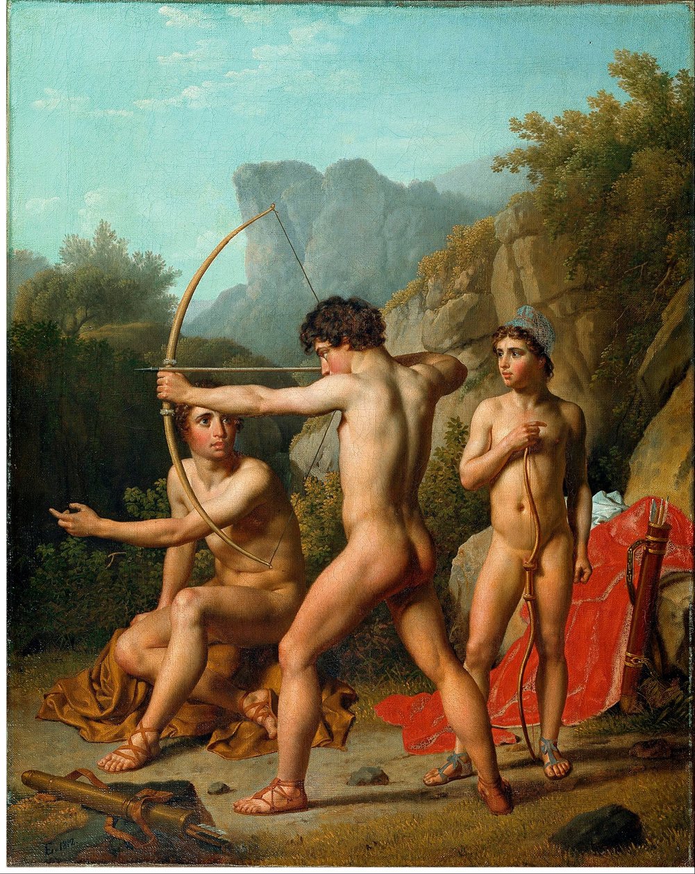 Três rapazes espartanos praticam tiro com arco de Christoffer Wilhelm Eckersberg