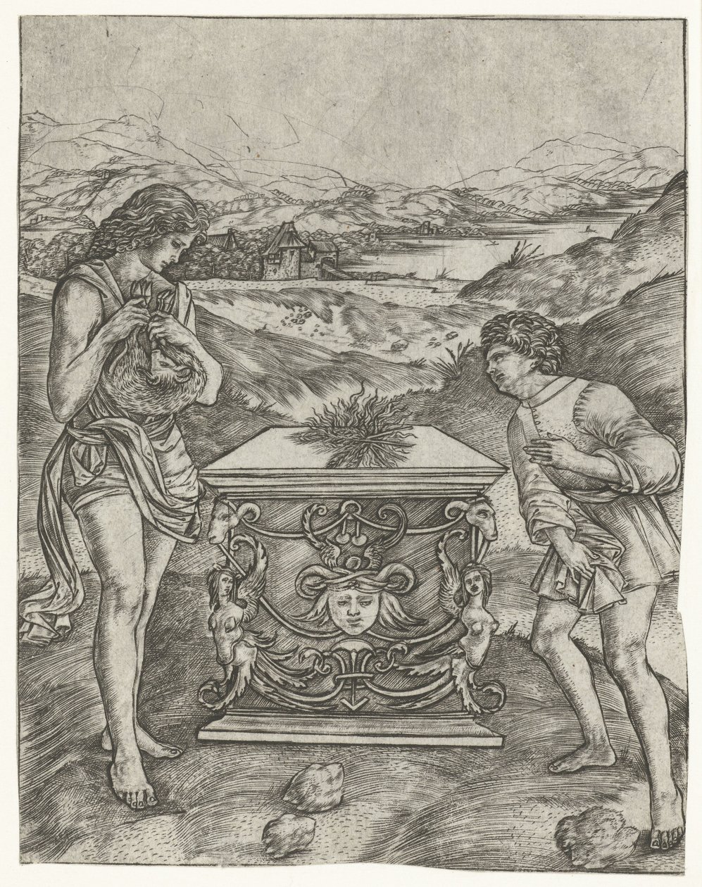 Caim e Abel sacrificam cordeiro no altar de Christoforo di Michele Robetta