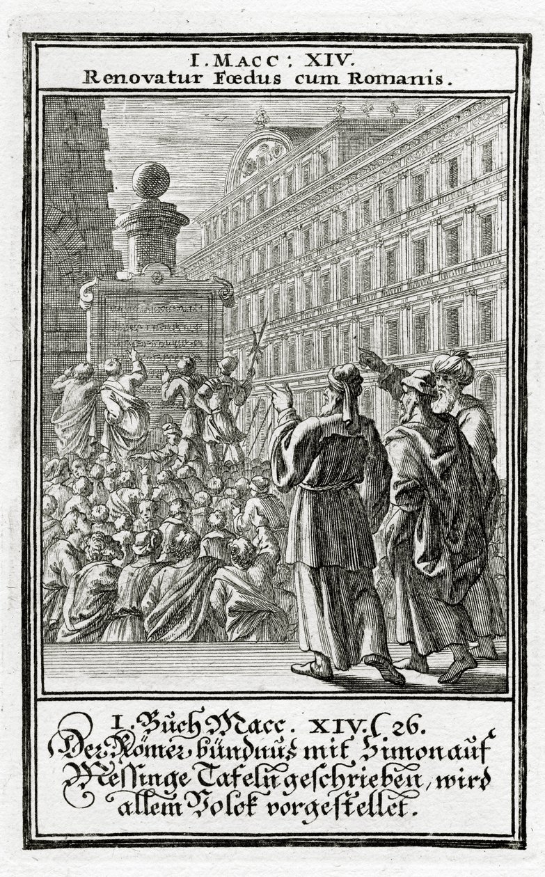 A aliança romana com Simão, escrita em tábuas de bronze, é apresentada ao povo, 1 Macabeus 14:26, 1695 de Christoph Weigel