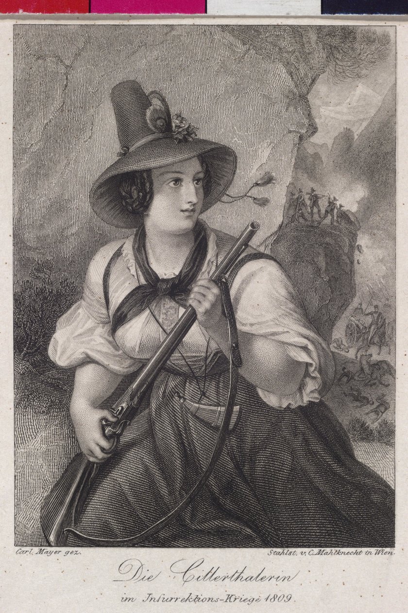 Raparigas do Zillertal (vale) na luta tirolesa pela liberdade 1809 (gravura) de Christoph Mahlknecht
