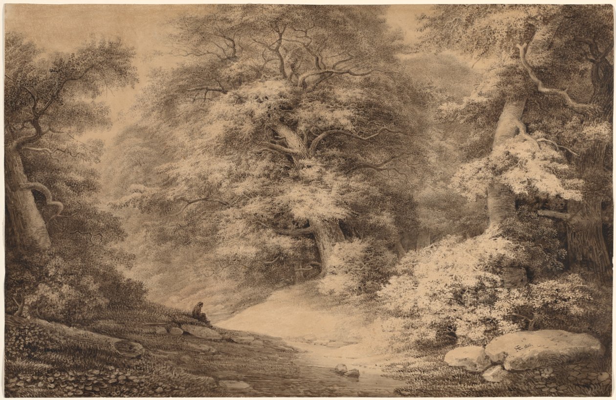 Um bosque de faias com um viajante descansando de Christoph Nathe