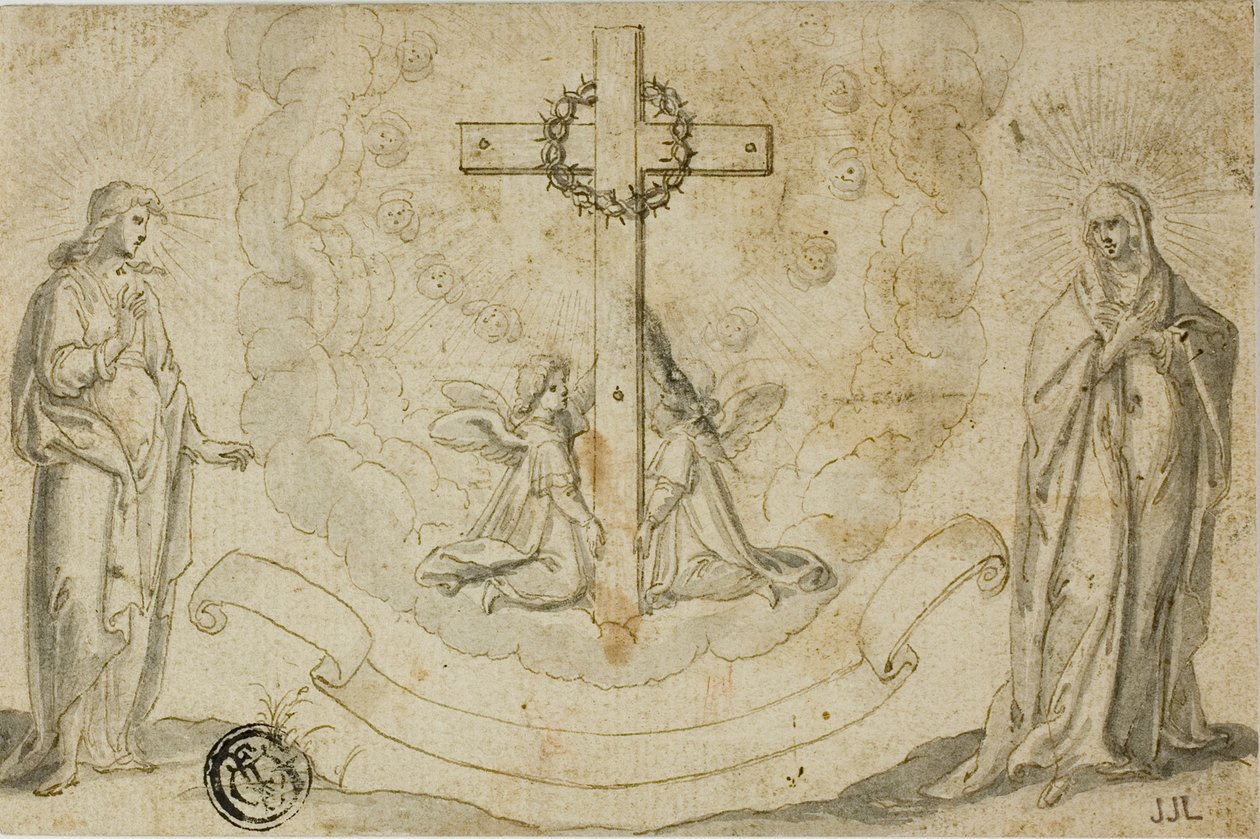 A Virgem Maria e S. João Evangelista com uma visão da Cruz sustentada por dois anjos de Christoph Schwarz