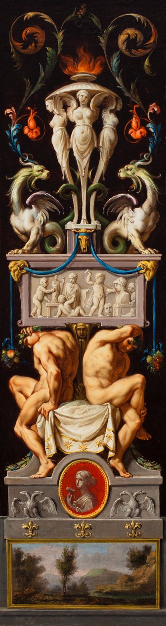 Estudo para uma Composição com Ignudios e Grotescos e uma Alegoria de Escultura, c.1776 (óleo sobre tela) de Christoph Unterberger