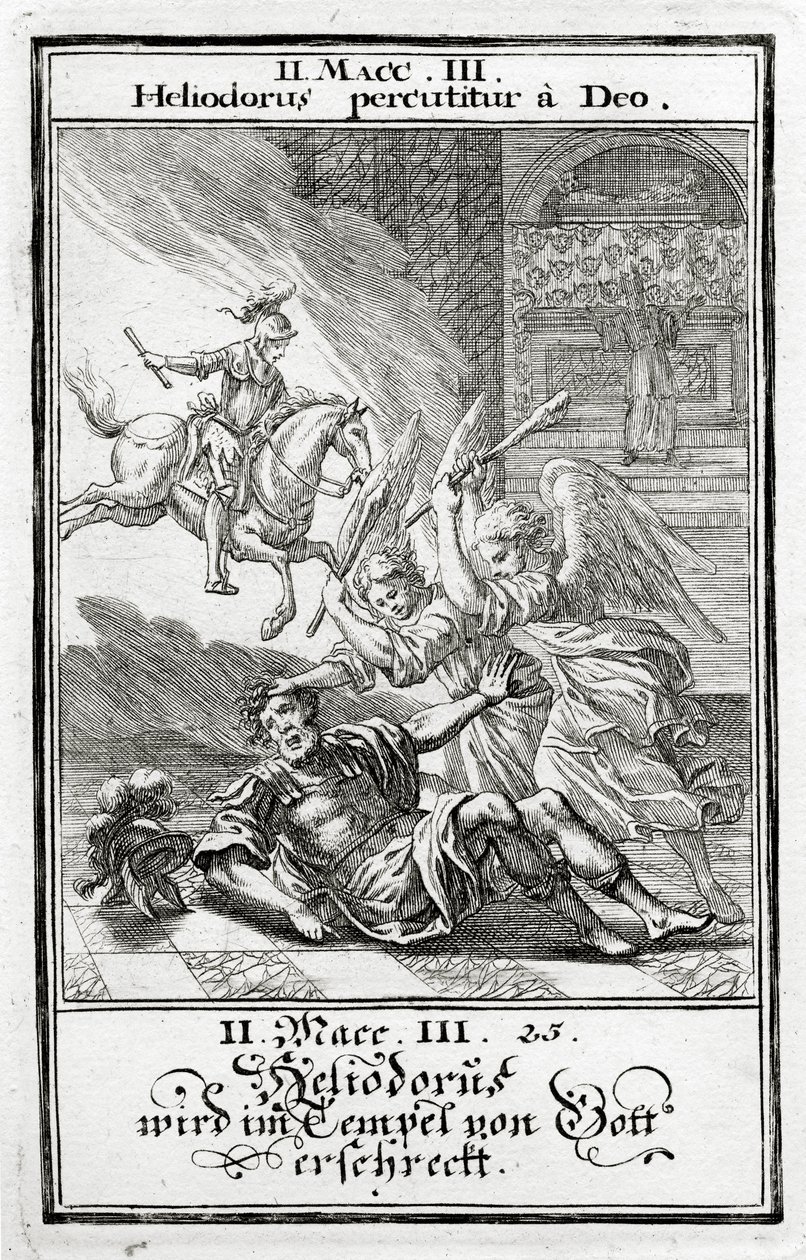 Deus assusta Heliodoro em um templo, 2 Macabeus (3: 21-28), 1695 de Christoph Weigel