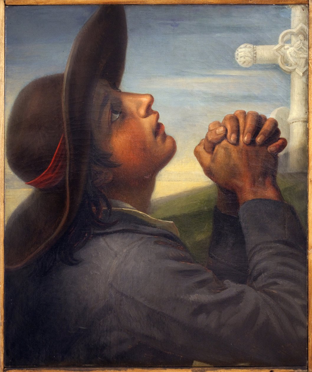 A cabeça do camponês vendida. Pintura de Thomas Degeorge (1786-1854), óleo sobre tela, por volta de 1830, estudo para a pintura A Morte de Bonchamp. Arte Francesa de Christophe Thomas Degeorge