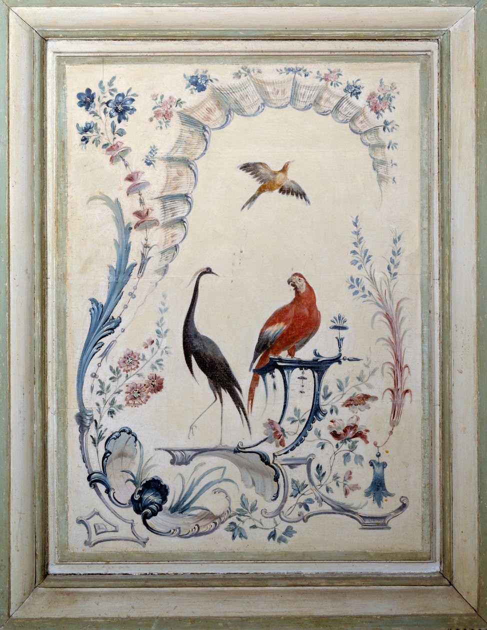 Sinal de pássaros da grande sala de estar do castelo de Champs sur Marne. Pintura de Christophe Huet (1700-1759) de Christophe Huet