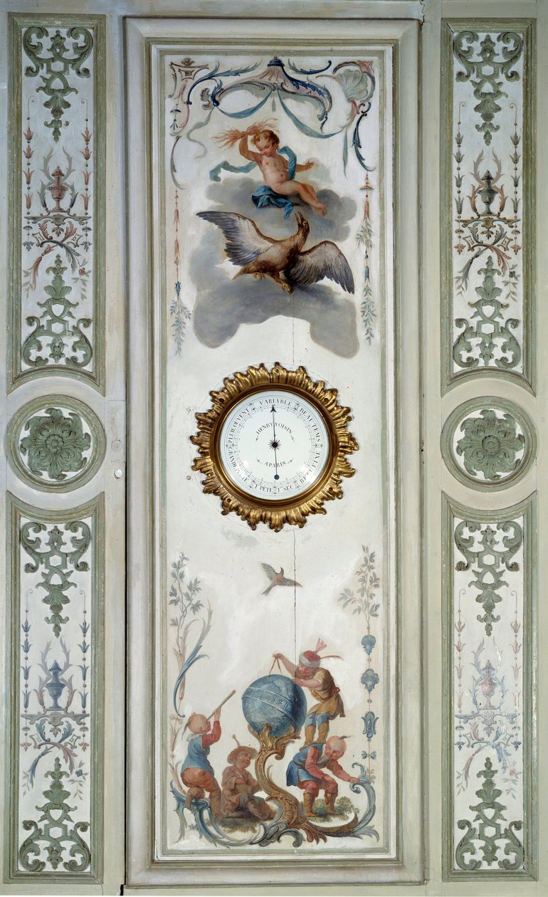 Painel da grande sala de estar do Chateau de Champs sur Marne com barômetro e chinoiserie. Decoração de parede pintada por Christophe Huet (1700-1759) de Christophe Huet