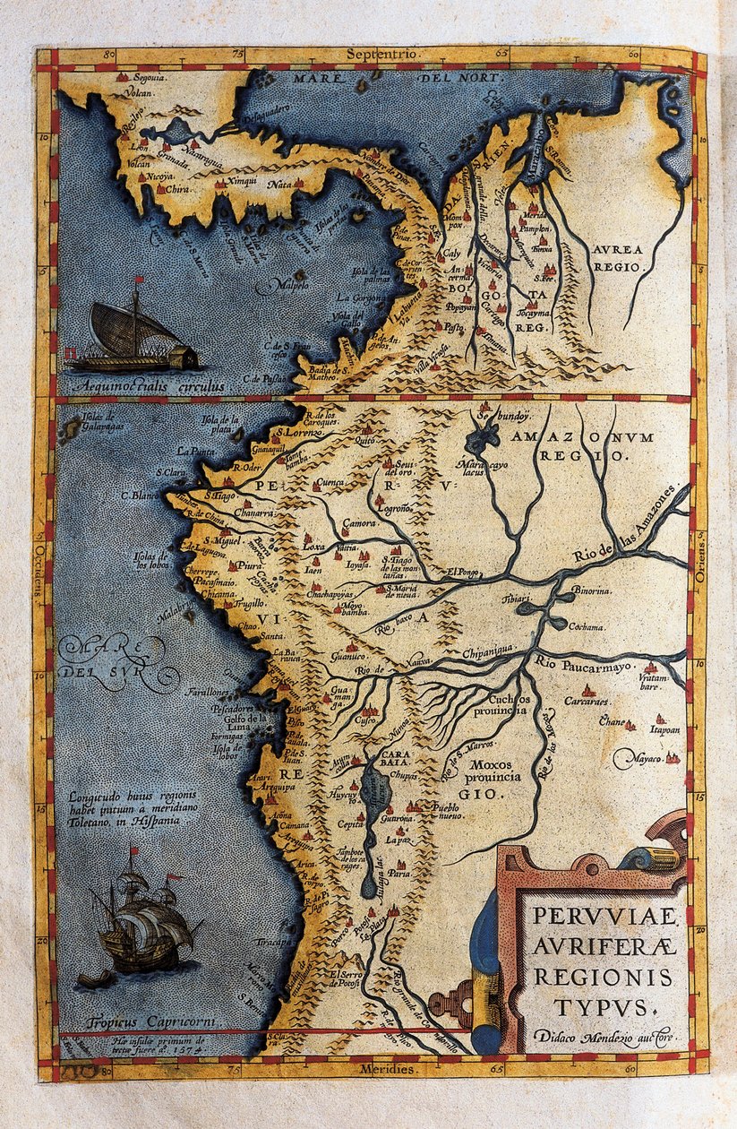 Mapa do Peru, dos registros da expedição de Hernando de Soto em 1570 de Christophe Plantin