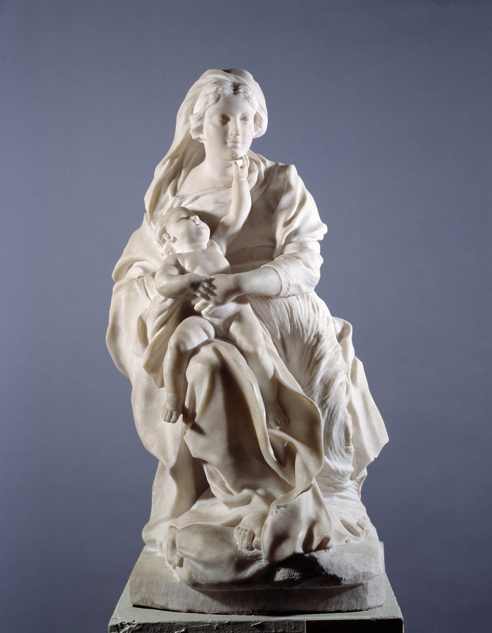 Escultura em mármore Virgem e Mármore Infantil de Christophe Veyrier