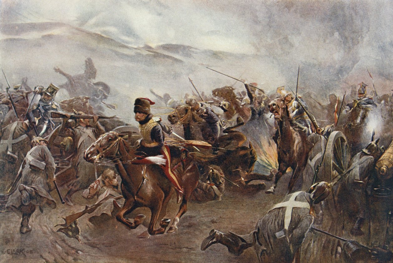 A Carga da Brigada Ligeira na Batalha de Balaclava em 25 de outubro de 1854, ilustração de "Batalhas Britânicas em Terra e Mar", editado por Sir Evelyn Wood (1838-1919) 1915 de Christopher Clark