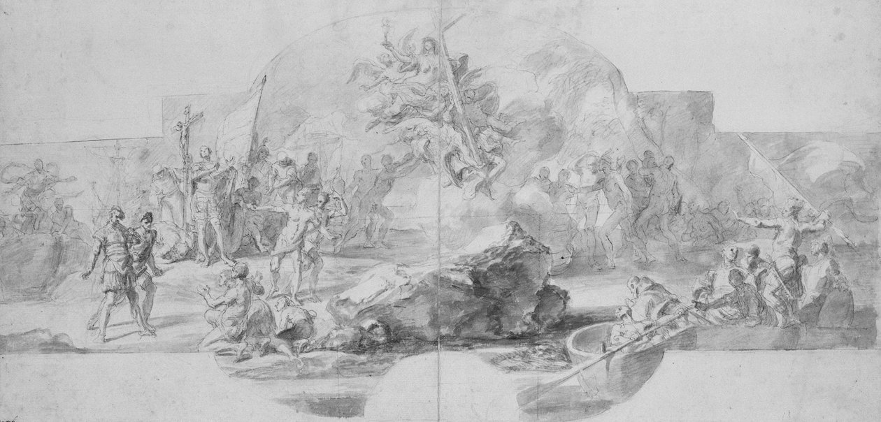 O pouso de Colombo na América, estudo para uma pintura (destruída em 1777) para a Sala del Menor ... de Christopher Columbus