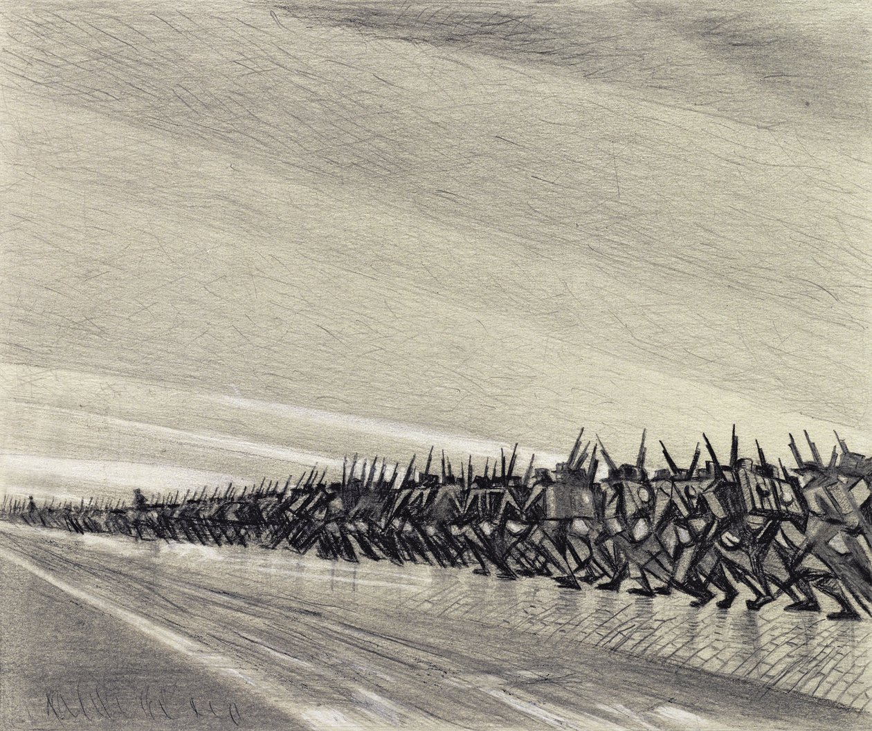 Estudo para &39;Uma Coluna sobre a Marcha&39;, c.1914 (giz preto e amarelo na marcha) de Christopher Richard Wynne Nevinson