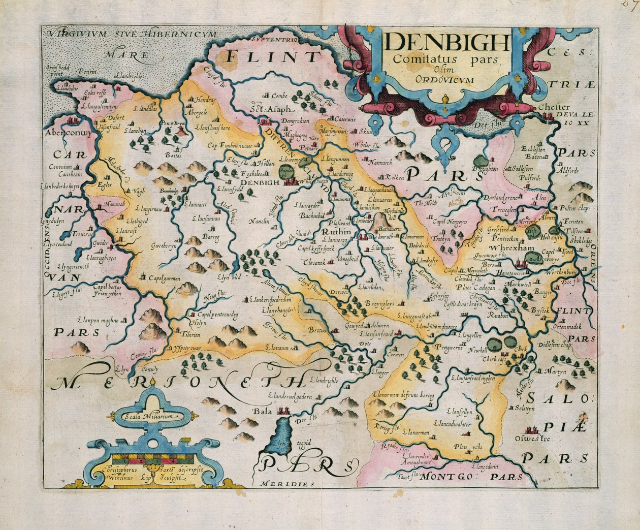 Mapa de Denbigh e Flint, de &39;Britannia&39; por William Camden, 1637 (gravura em cobre) de Christopher Saxton