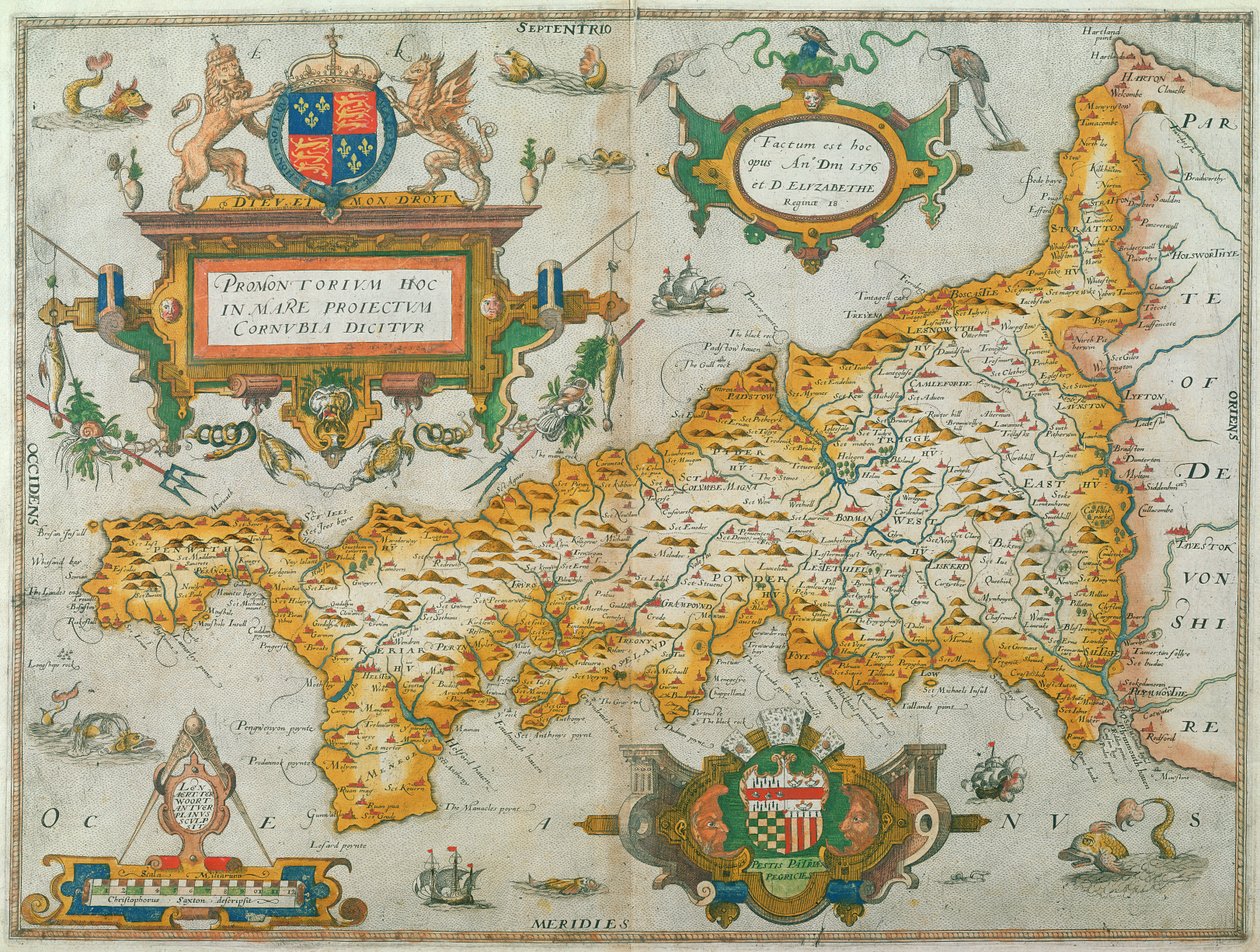 Mapa do condado da Cornualha, 1579 (gravura colorida à mão) de Christopher Saxton