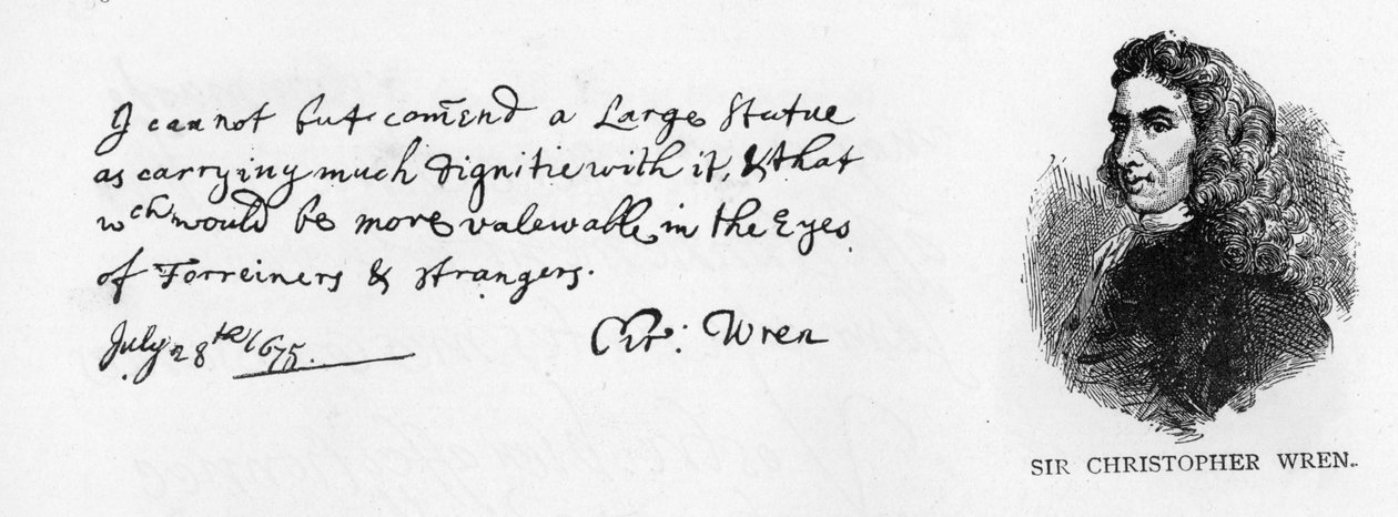 Extraído do relatório de Christopher Wren sobre o projeto do cume do Monumento ao Grande Incêndio de Londres de 1666, 28 de julho de 1675 (caneta e tinta no papel) de Christopher Wren
