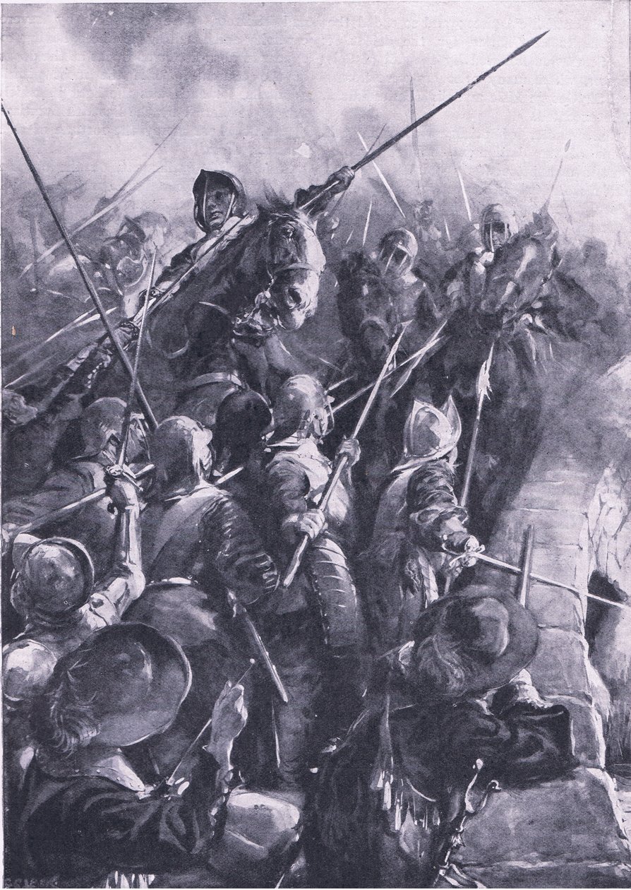 Batalha de Preston 17 de Agosto de 1648: ao empurrar o lúcio, foram vencidos da ponte, ilustração de "British Battles on Land and Sea". de Christopher Clark
