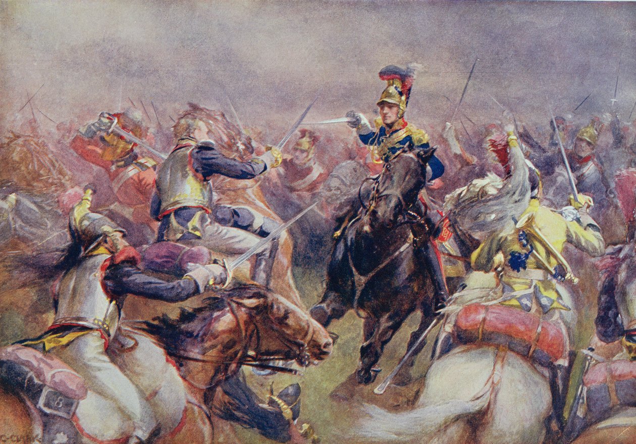 A Carga da Brigada Pesada contra os Couraceiros Franceses em Waterloo, de "Batalhas Britânicas em Terra e Mar", editado por Sir Evelyn Wood (1838-1919), publicado pela primeira vez em 1915 de Christopher Clark