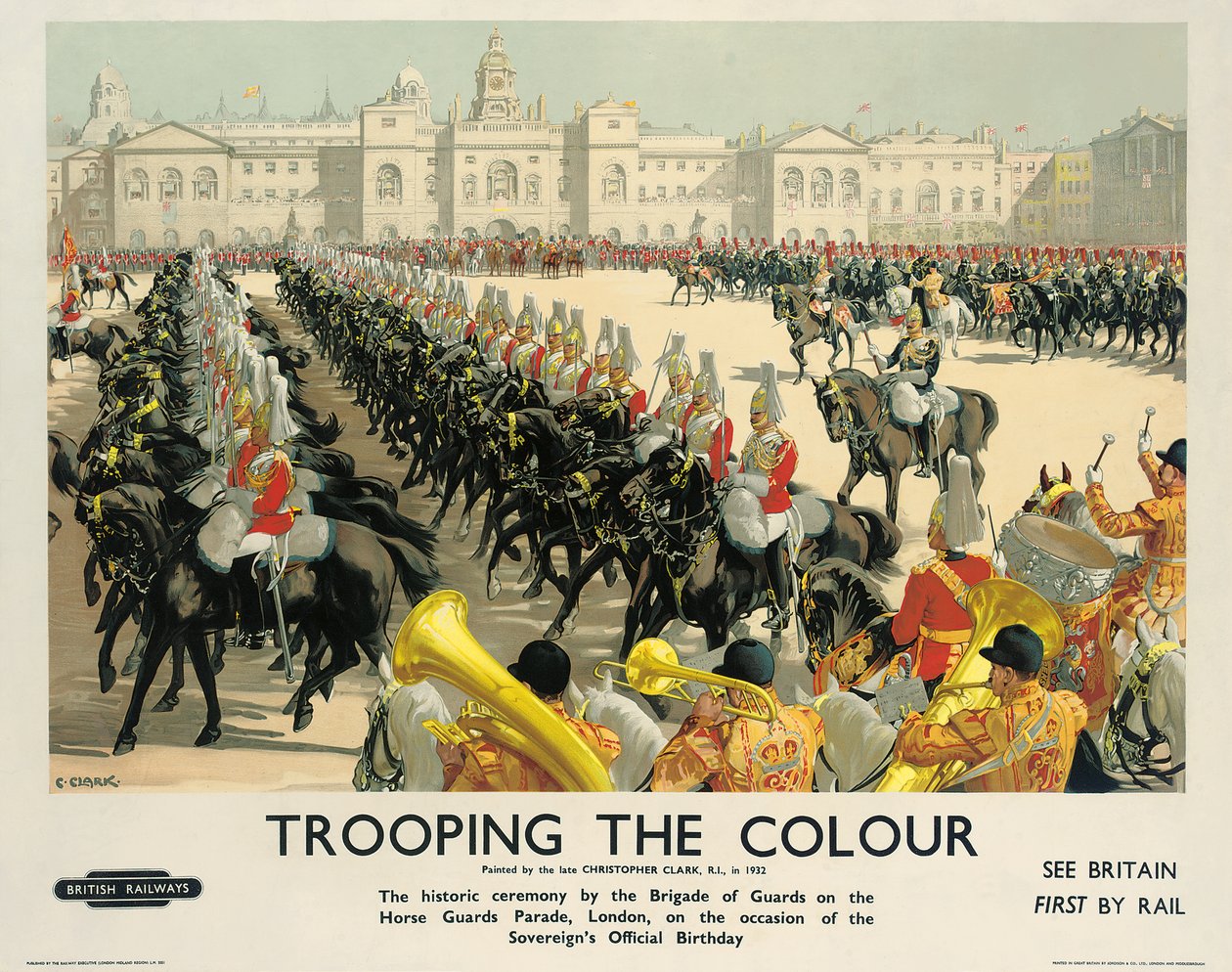 Trooping the Color, cartaz de propaganda da British Railways, c.1950 (color lito) de Christopher Clark