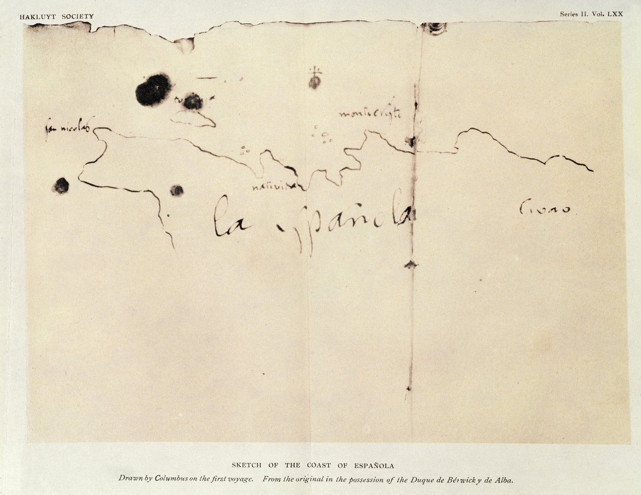 Esboço da costa de Espanola, desenhado por Colombo na primeira viagem, do original em posse do Duque de Berwick e de Alba, 1492 (tinta sobre papel) de Christopher Columbus