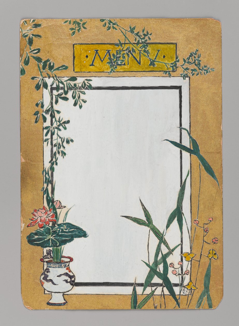 Cartão de ementa com bambu e flores, ca. 1880. Aguarela, tinta preta e tinta metálica de Christopher Grant La Farge