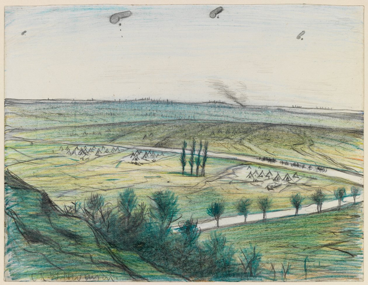 Paisagem com balões de observação, 1914-18 (lápis e giz de cera no papel) de Christopher Richard Wynne Nevinson