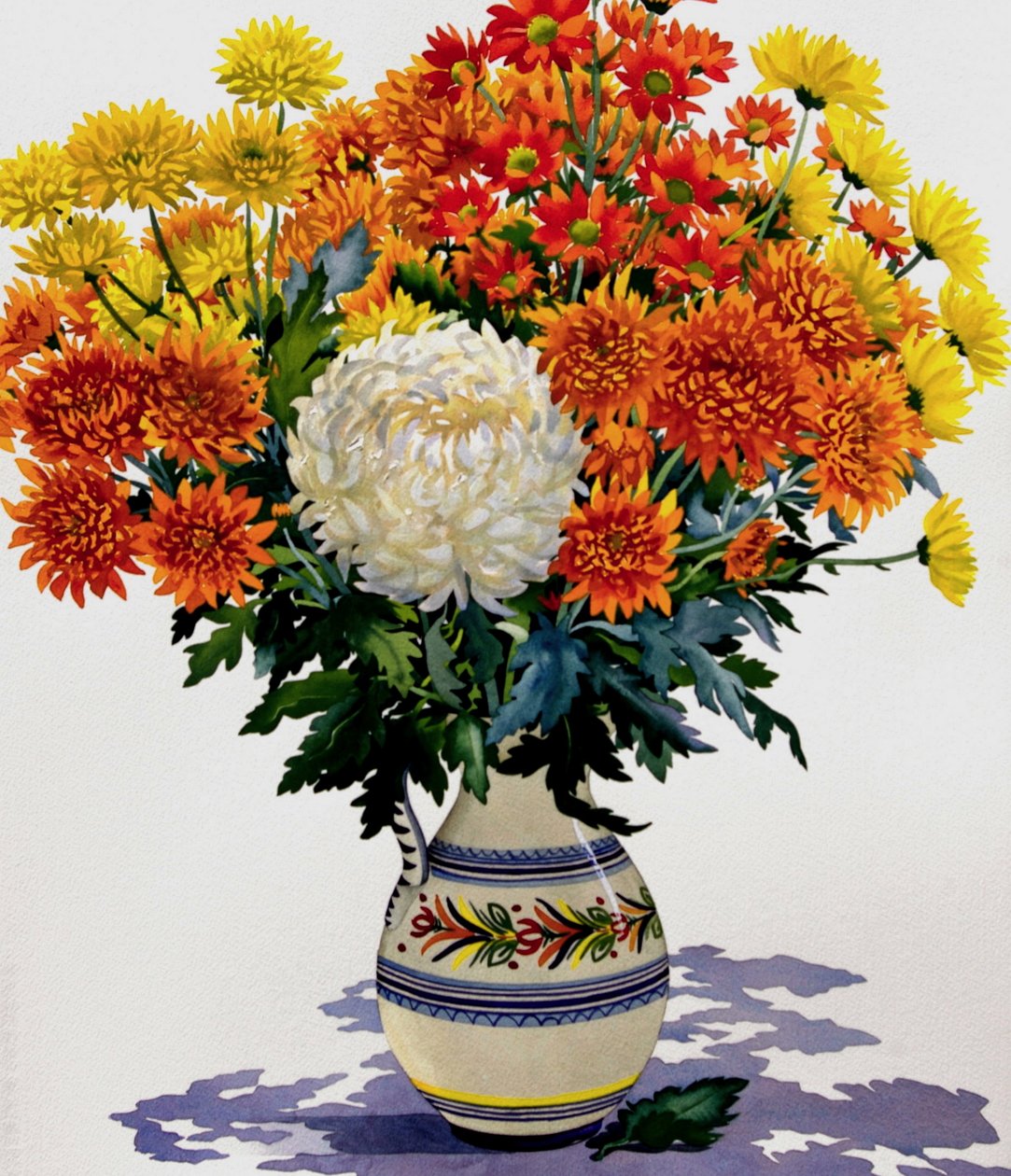 Crisântemos, em, um, patterned, jarro, 2005, (wc, papel) de Christopher Ryland