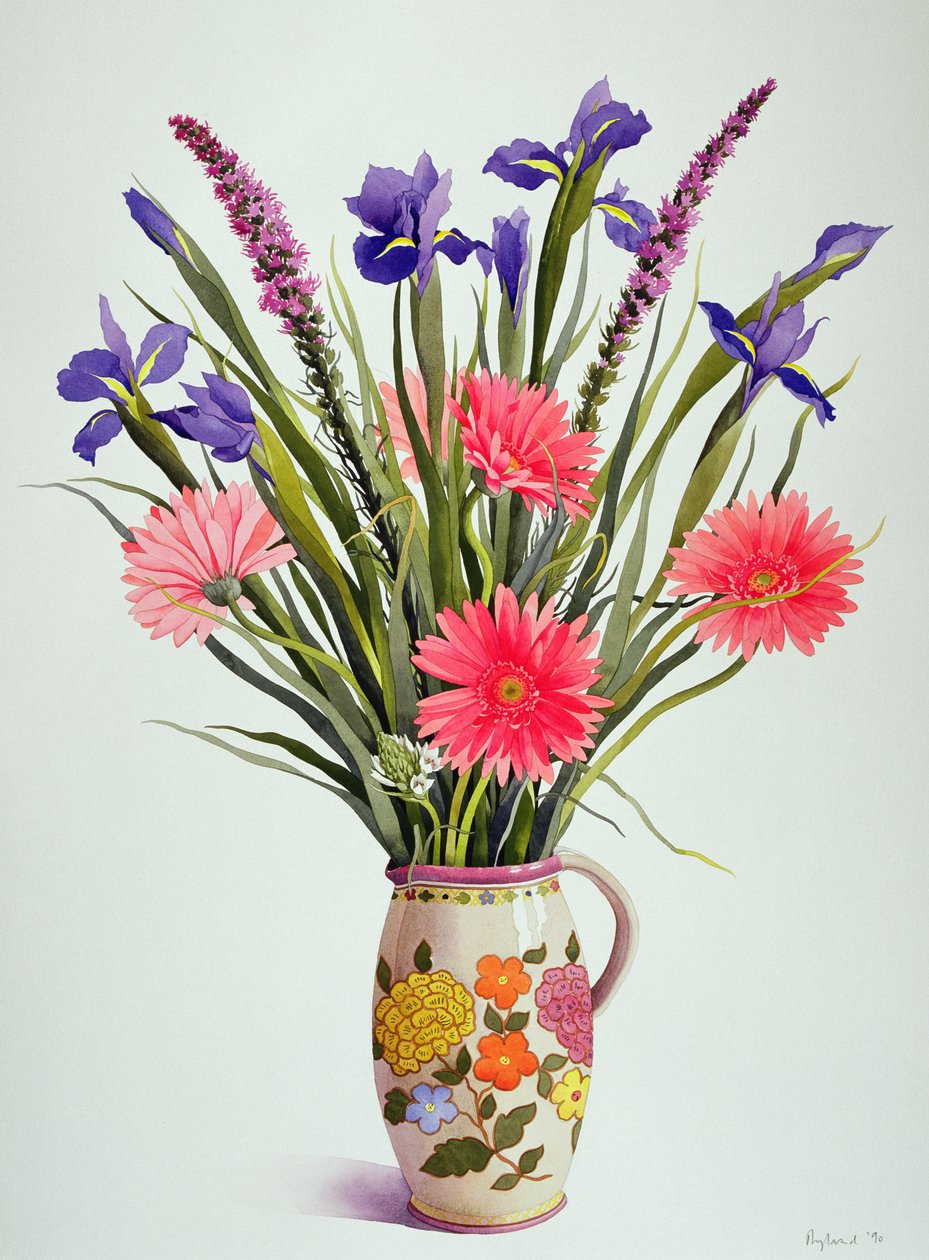 Íris e Gerbera em um jarro holandês (wc) de Christopher Ryland