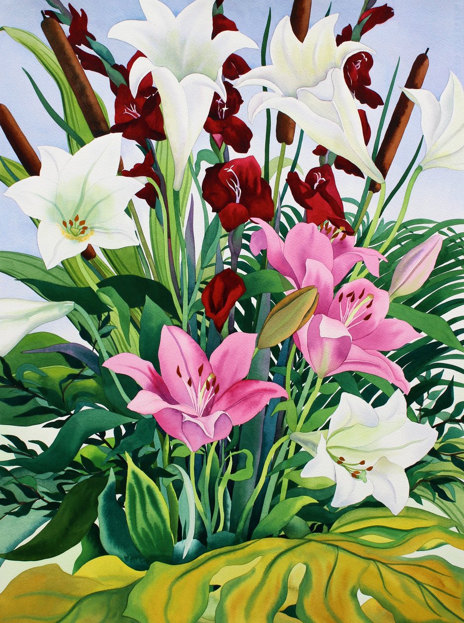 Lírios e Bullrushes (aquarela sobre papel) de Christopher Ryland
