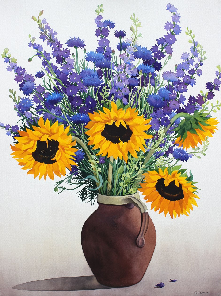 Flores de verão no jarro marrom (aquarela sobre papel) de Christopher Ryland