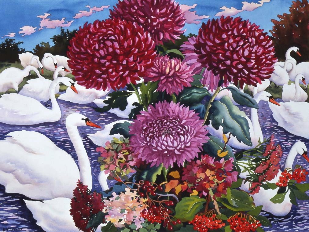 Swans and Chrysanthemums, 2005 (aguarela sobre papel) de Christopher Ryland